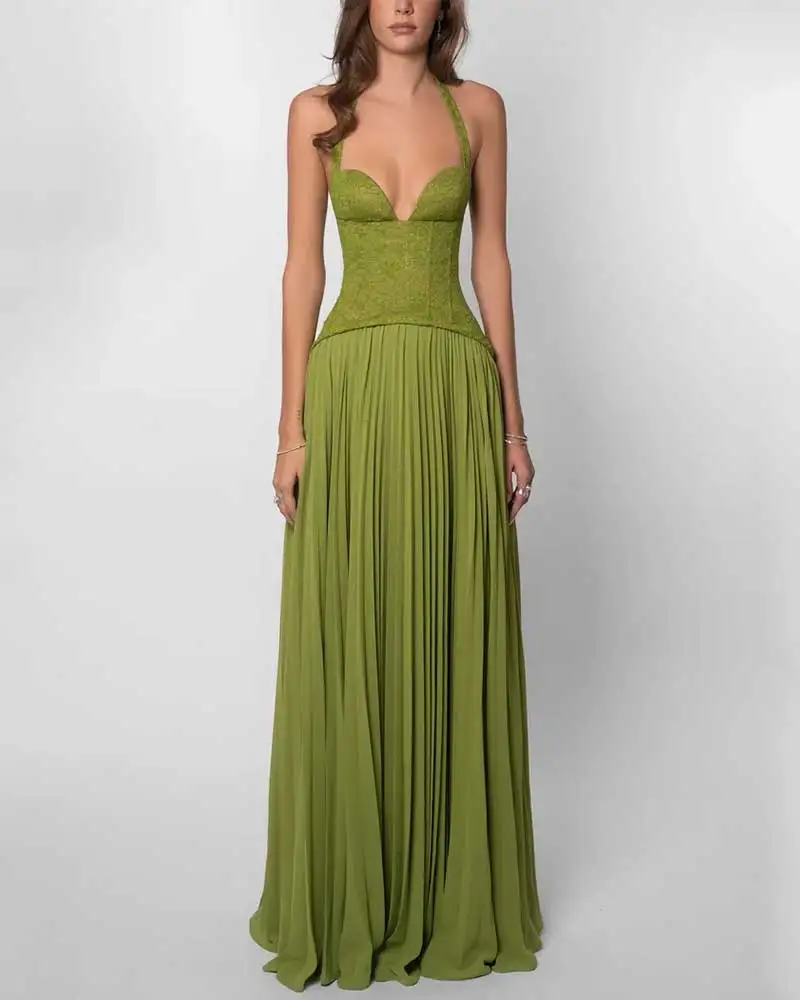 Sukienka maxi z gorsetem halter plisowana wieczorowa Zielony