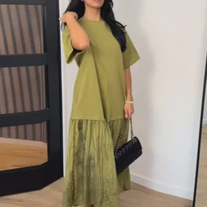 Sukienka maxi oversize patchworkowa plisowana na wieczór Beżowy