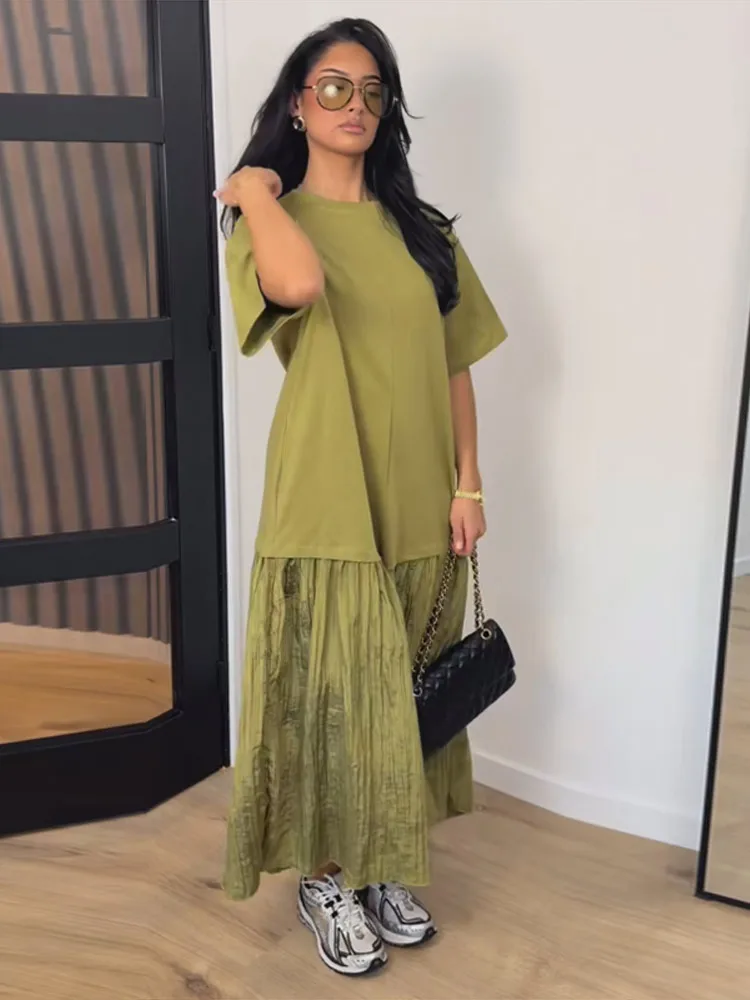 Sukienka maxi oversize patchworkowa plisowana na wieczór Beżowy