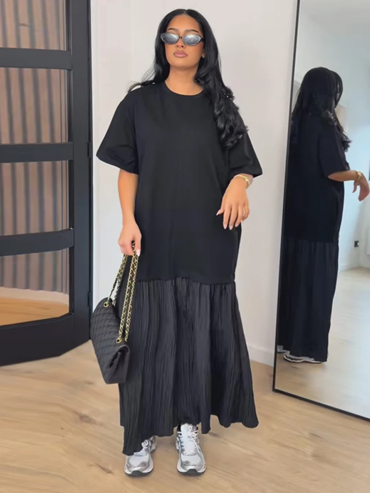 Sukienka maxi oversize patchworkowa plisowana na wieczór Czarny