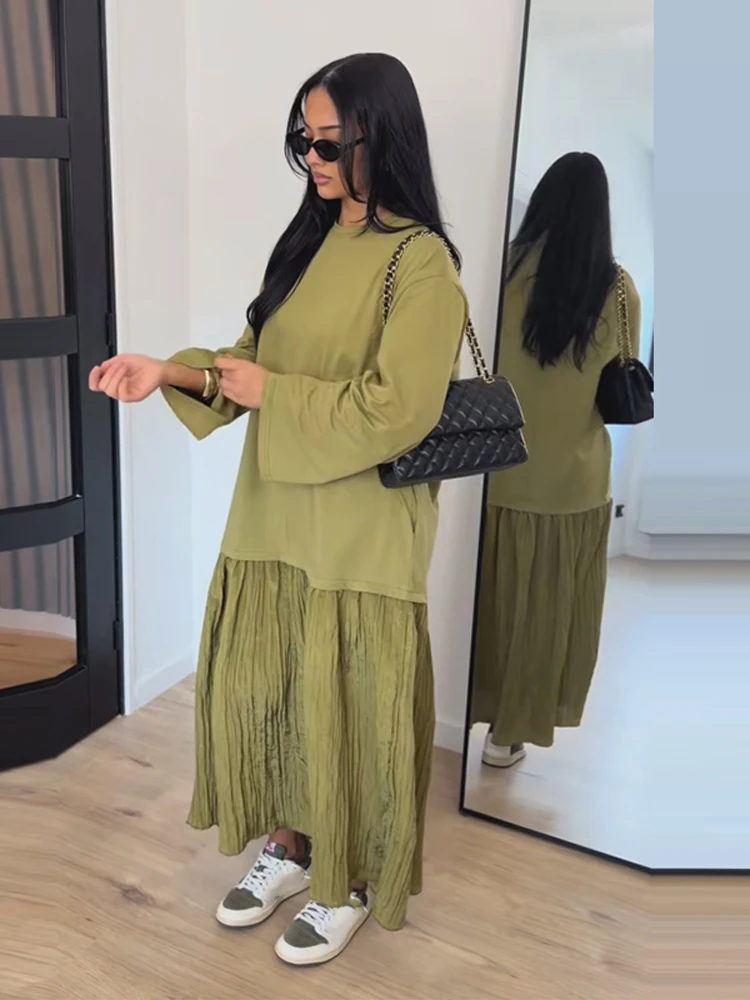 Sukienka maxi oversize patchworkowa plisowana na wieczór Niebieski
