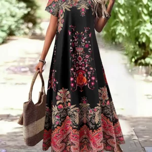 Sukienka maxi plus size paisley boho na plażę Różowy