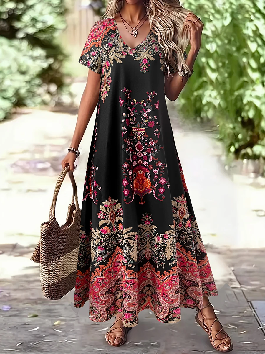 Sukienka maxi plus size paisley boho na plażę Różowy