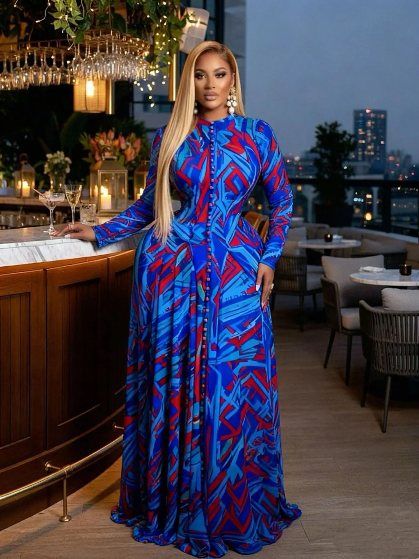 Sukienka maxi z długim rękawem i wzorem tie-dye Niebieski
