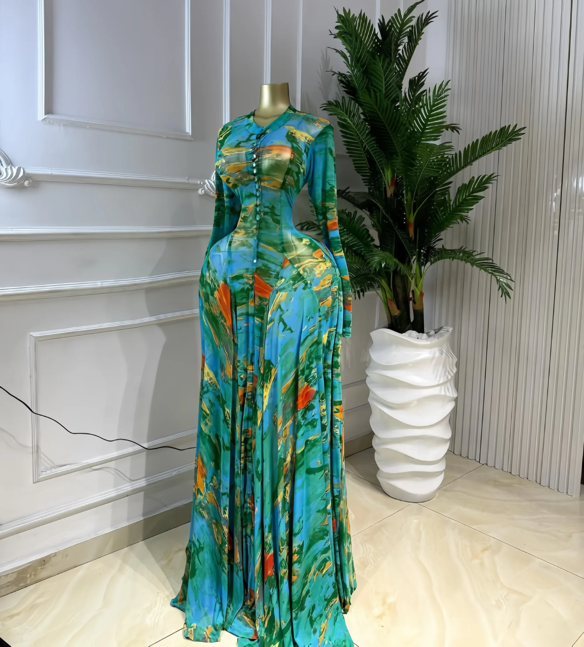 Sukienka maxi z długim rękawem i wzorem tie-dye Zielony