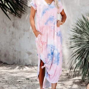 Sukienka maxi tie-dye z kieszeniami i rozcięciem Lightblue
