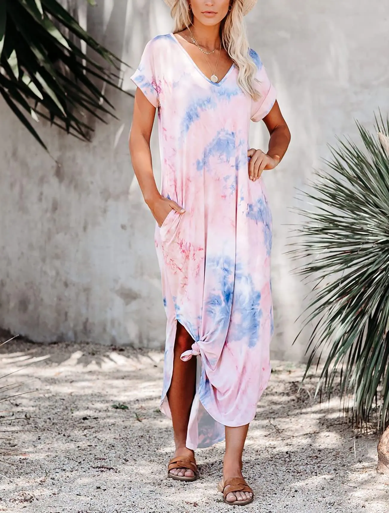 Sukienka maxi tie-dye z kieszeniami i rozcięciem Lightblue