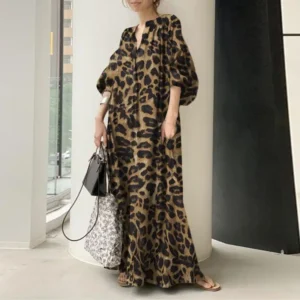 Sukienka maxi w panterkę z bufiastymi rękawami oversize Brązowy