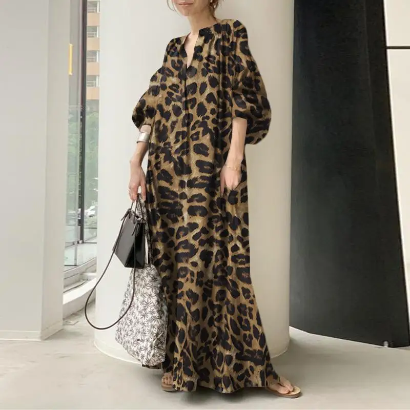 Sukienka maxi w panterkę z bufiastymi rękawami oversize Brązowy