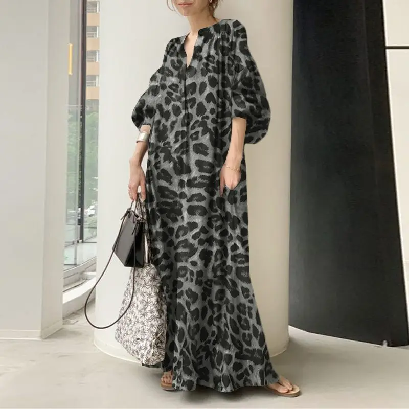 Sukienka maxi w panterkę z bufiastymi rękawami oversize Ciemnoszary