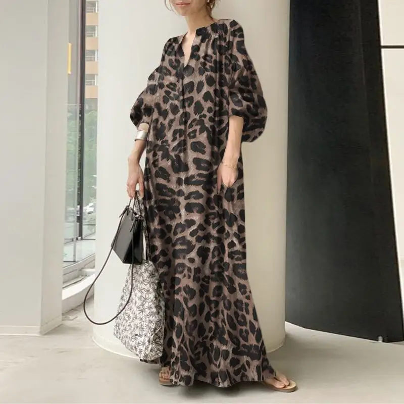 Sukienka maxi w panterkę z bufiastymi rękawami oversize Khaki