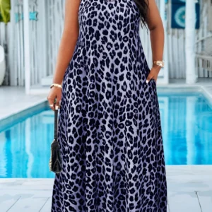 Sukienka maxi w panterkę na ramiączkach plus size Fioletowy