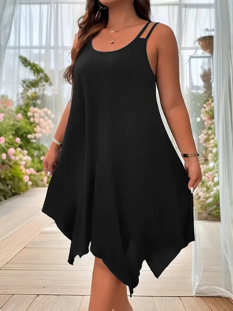 Sukienka midi plus size bez rękawów asymetryczny dół na ramiączkach Beżowy