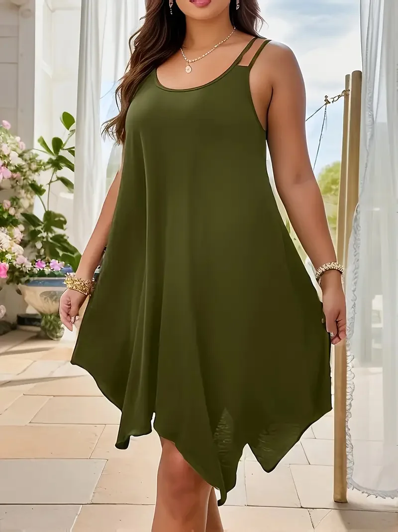 Sukienka midi plus size bez rękawów asymetryczny dół na ramiączkach Niebieski
