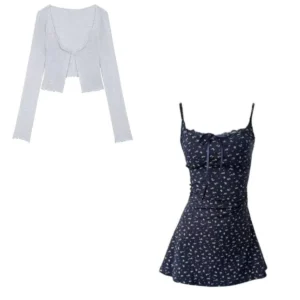 Sukienka mini bodycon w kwiatowy wzór z podkreśloną talią Granatowy