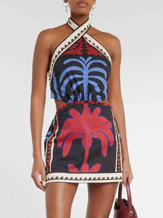 Sukienka mini halter w stylu boho, odkryte plecy Beżowy