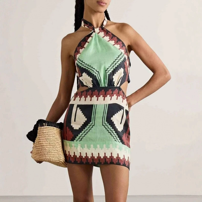 Sukienka mini halter w stylu boho, odkryte plecy Czarny
