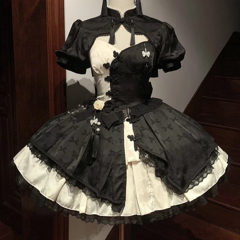 Sukienka mini Lolita z koronką i frędzlami w fioletowym kolorze Czarny