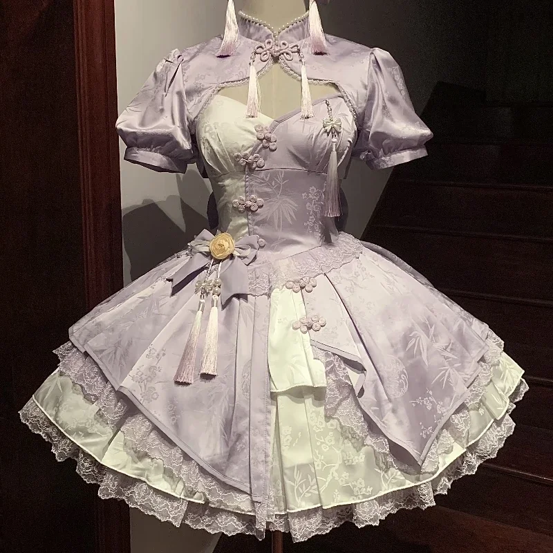 Sukienka mini Lolita z koronką i frędzlami w fioletowym kolorze Fioletowy