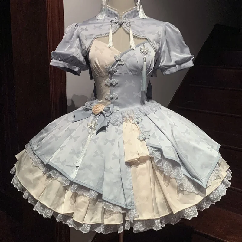 Sukienka mini Lolita z koronką i frędzlami w fioletowym kolorze Niebieski