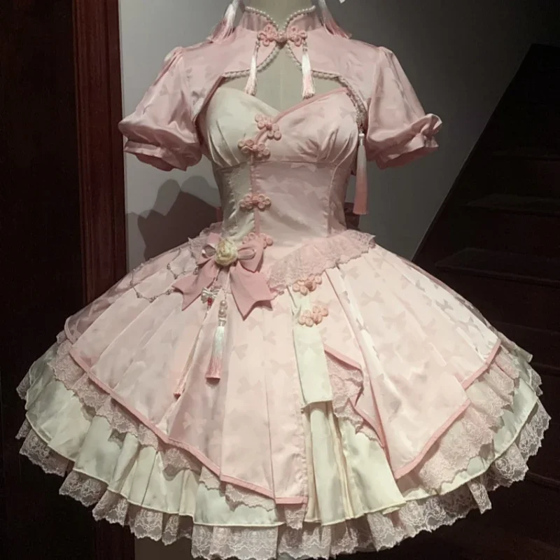 Sukienka mini Lolita z koronką i frędzlami w fioletowym kolorze Różowy