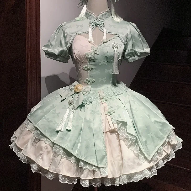 Sukienka mini Lolita z koronką i frędzlami w fioletowym kolorze Zielony