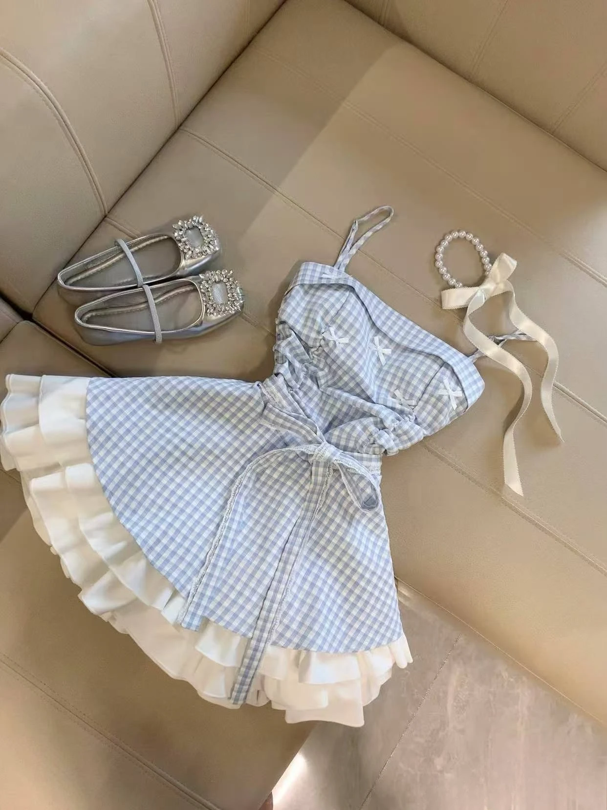 Sukienka mini w kratę bez rękawów w stylu koreańskim Beżowy