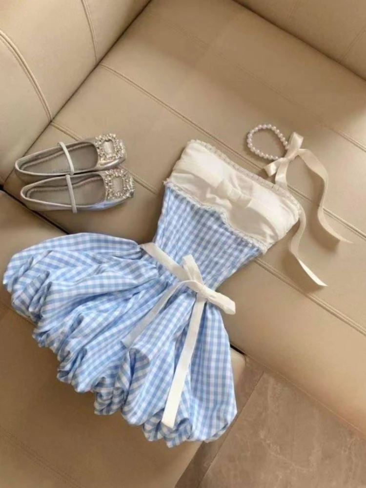Sukienka mini w kratę bez rękawów w stylu koreańskim Burgundia