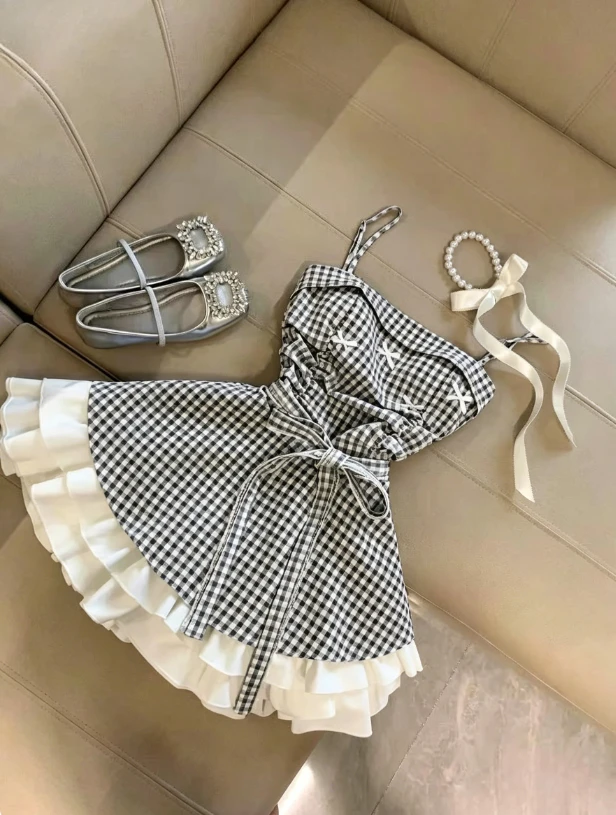 Sukienka mini w kratę bez rękawów w stylu koreańskim Granatowy