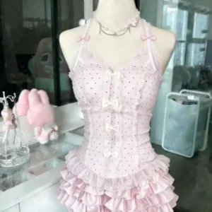 Sukienka mini w kropki z koronkową kokardą w stylu francuskim Szary