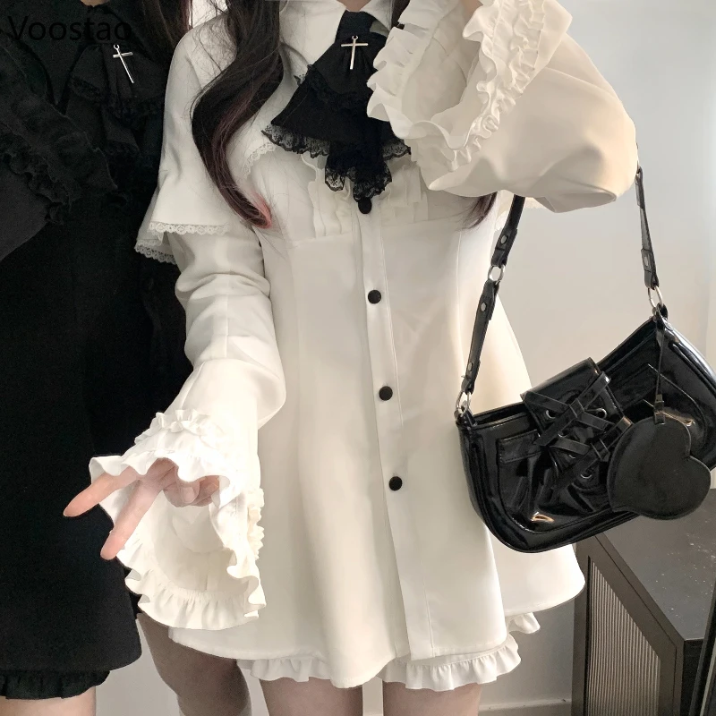 Sukienka mini w stylu vintage Lolita z rozkloszowanym rękawem Biały