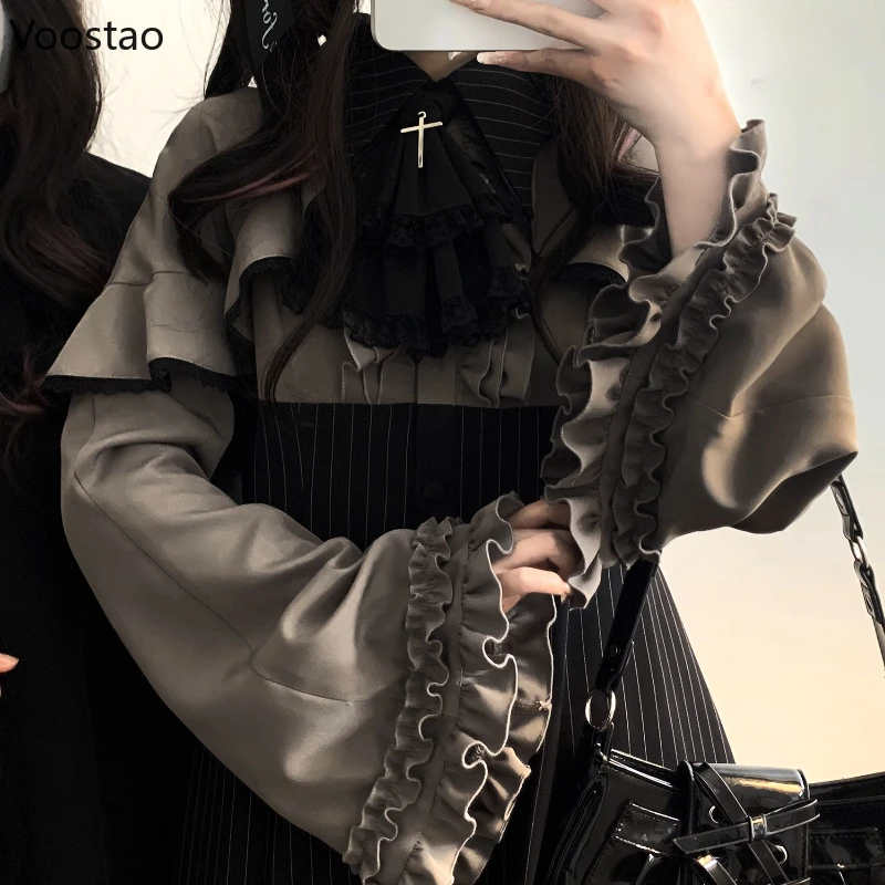 Sukienka mini w stylu vintage Lolita z rozkloszowanym rękawem Szary