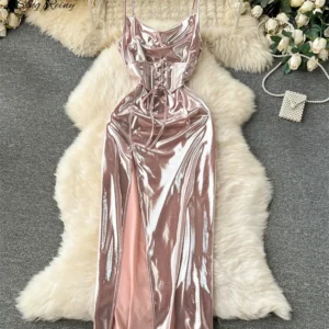 Sukienka party długa ze sztucznej skóry spaghetti straps Beżowy