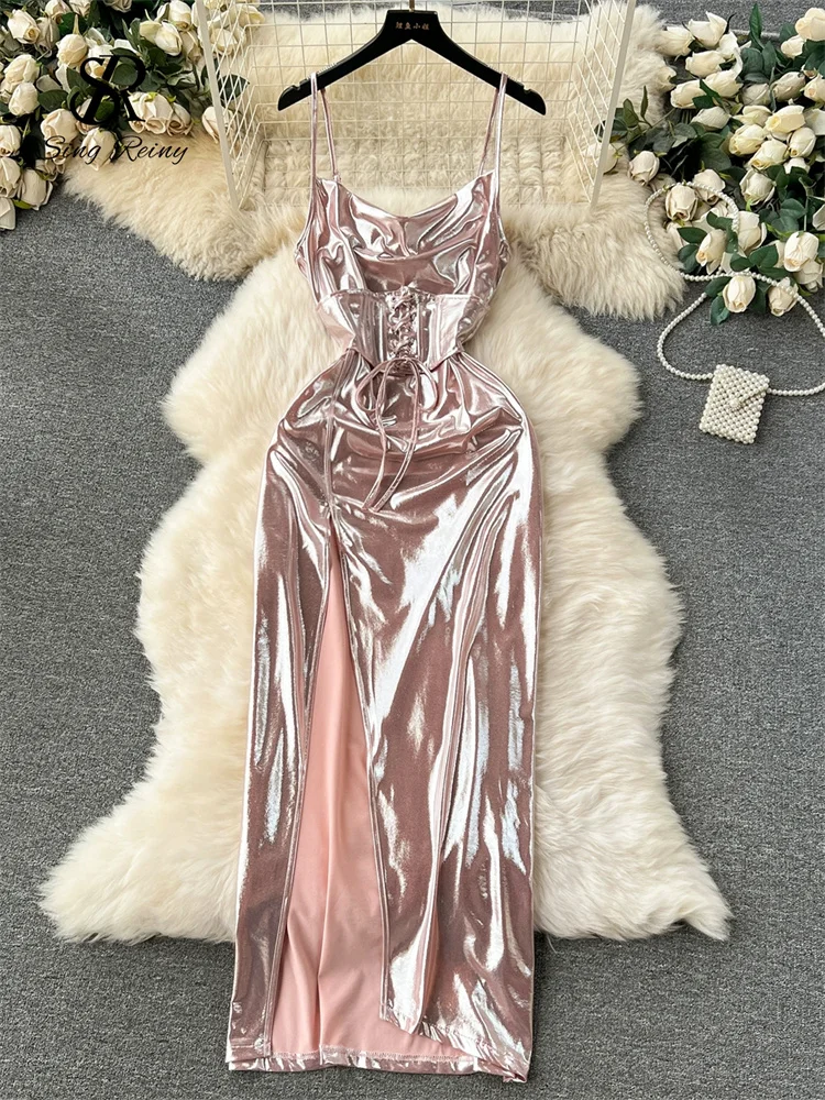 Sukienka party długa ze sztucznej skóry spaghetti straps Beżowy
