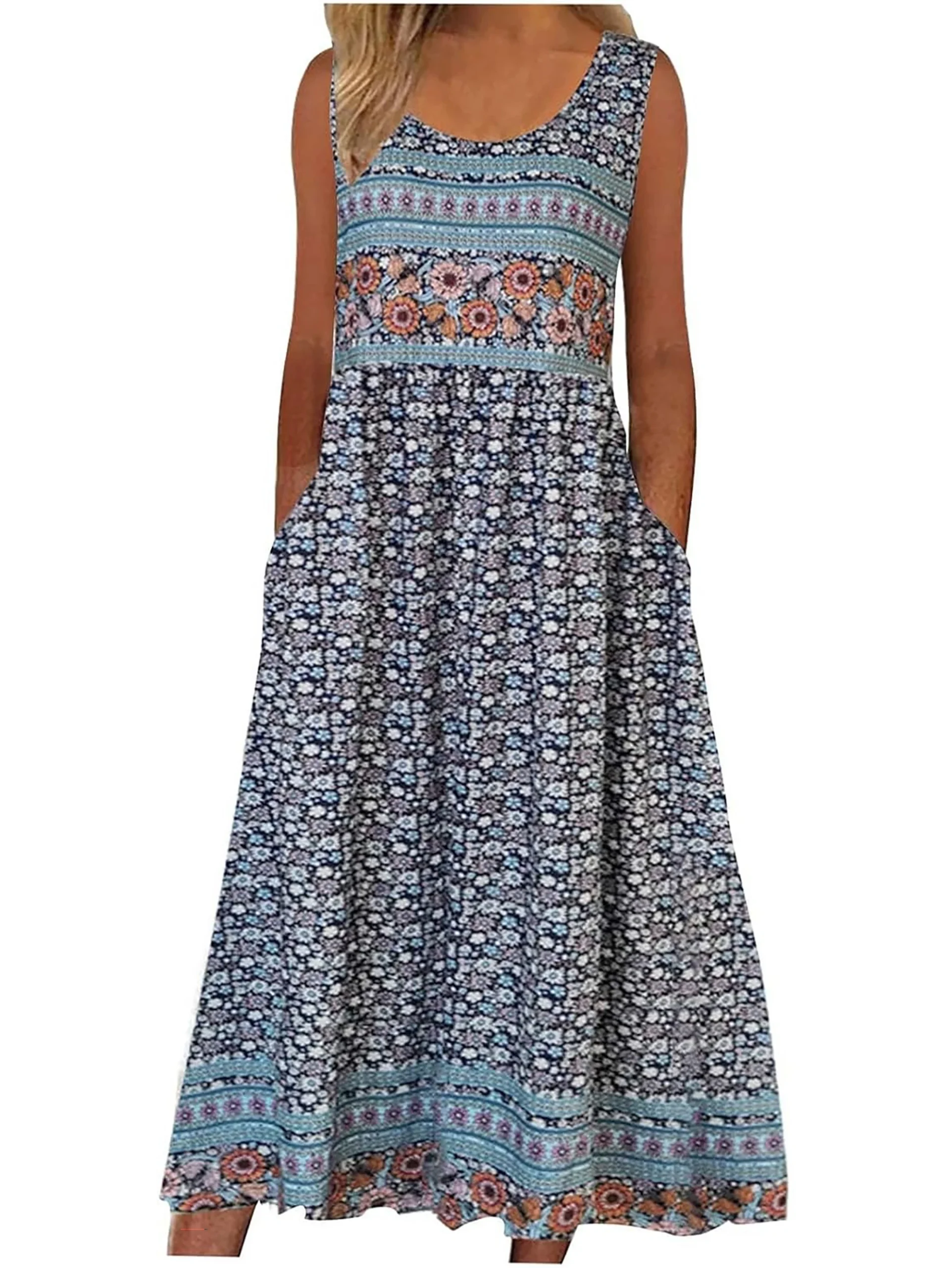 Sukienka plażowa midi w kwiaty w stylu boho Niebieski