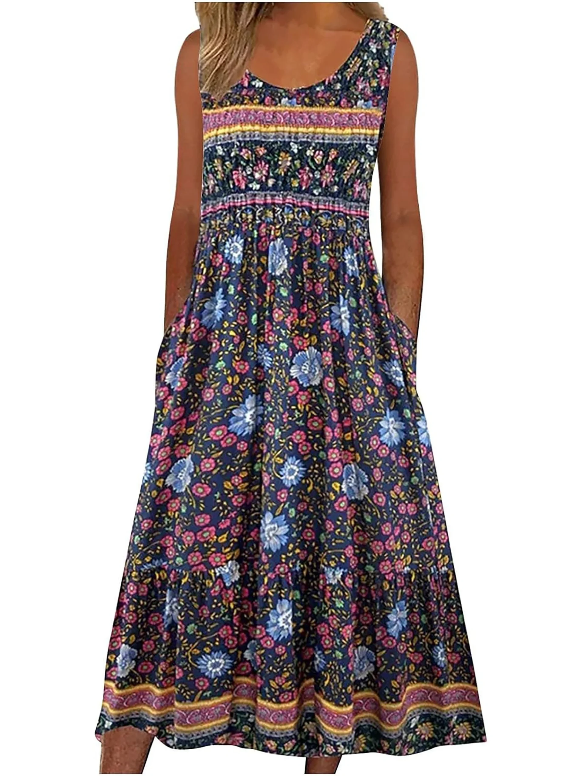 Sukienka plażowa midi w kwiaty w stylu boho Marineblauw