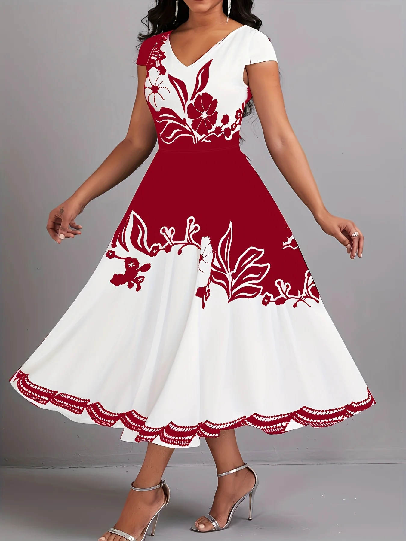 Sukienka plus size w kwiaty peplum z dekoltem V i krótkim rękawem Burgundia