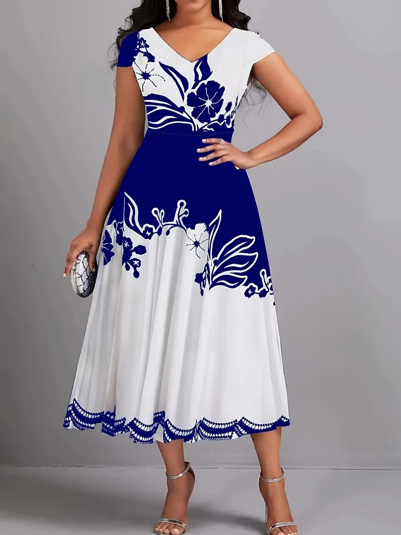Sukienka plus size w kwiaty peplum z dekoltem V i krótkim rękawem Niebieski