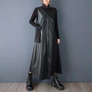 Sukienka plus size retro z kieszenią PU i asymetrycznym krojem Czarny