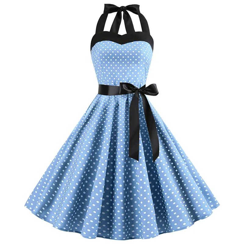 Sukienka w stylu retro w kropki z dekoltem halter - vintage pin up Biały