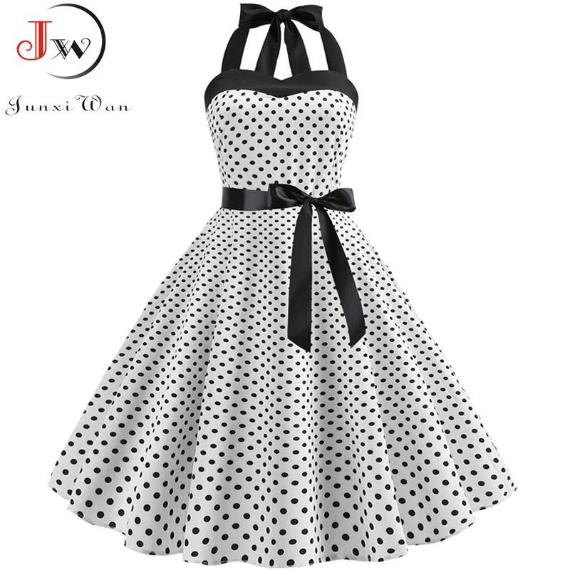 Sukienka w stylu retro w kropki z dekoltem halter - vintage pin up Burgundia