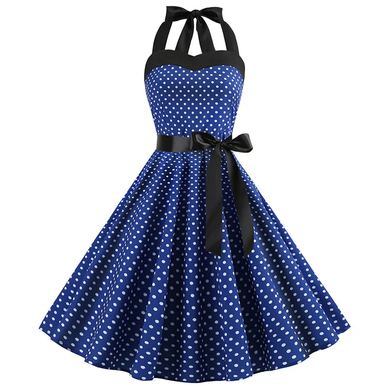Sukienka w stylu retro w kropki z dekoltem halter - vintage pin up Czerwony