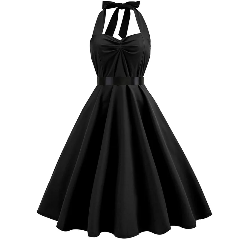 Sukienka w stylu retro w kropki z dekoltem halter - vintage pin up Fioletowy