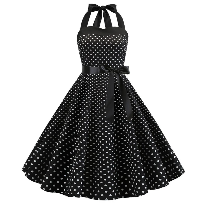 Sukienka w stylu retro w kropki z dekoltem halter - vintage pin up Fuksja