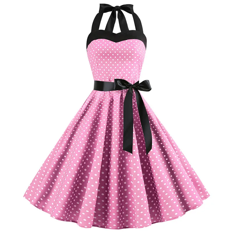 Sukienka w stylu retro w kropki z dekoltem halter - vintage pin up Granatowy