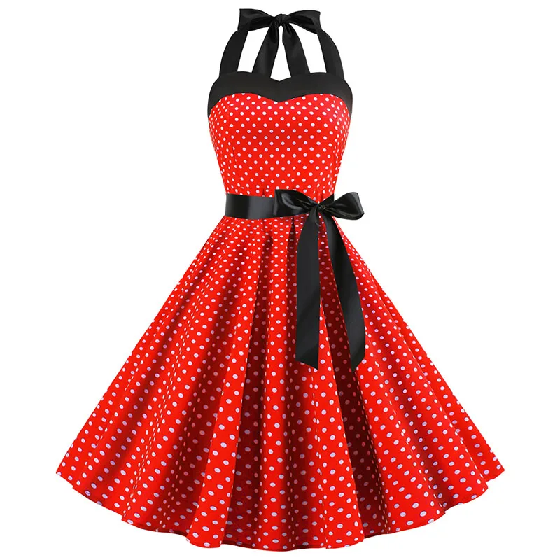Sukienka w stylu retro w kropki z dekoltem halter - vintage pin up żółty