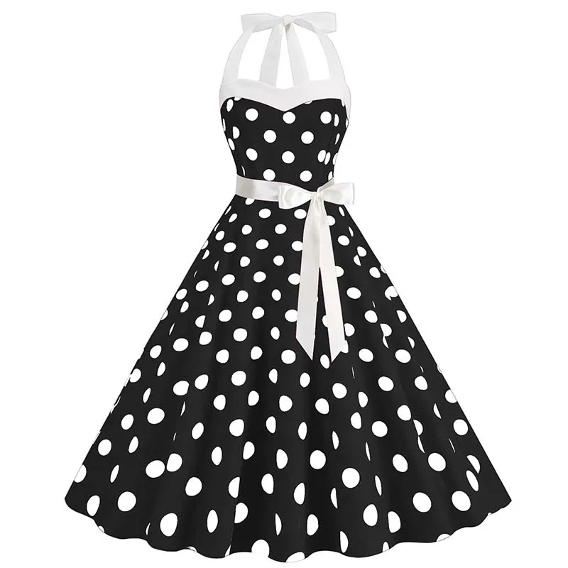 Sukienka w grochy z dekoltem halter w stylu retro Czarny