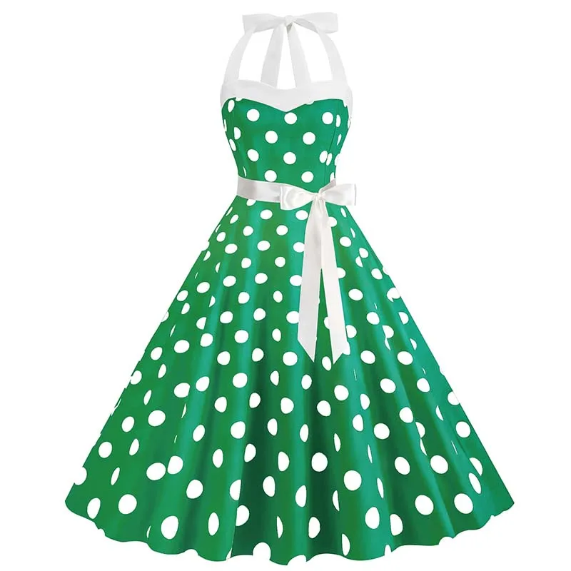 Sukienka w grochy z dekoltem halter w stylu retro Zielony