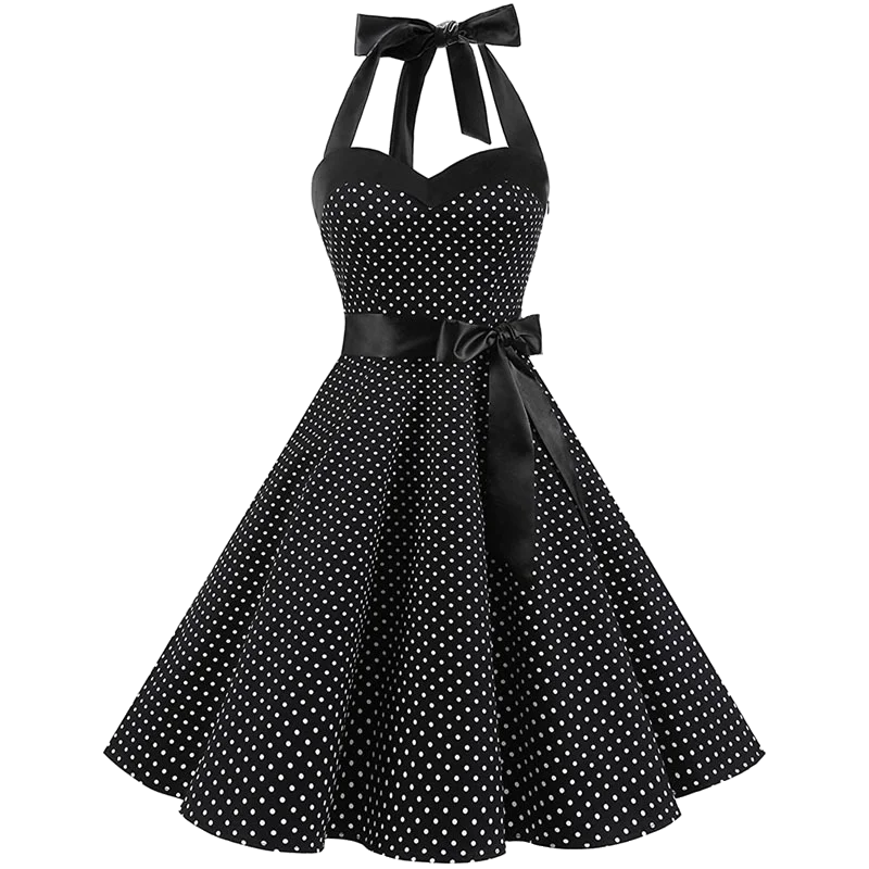 Sukienka w grochy z dekoltem halter w stylu retro pin-up Czarny