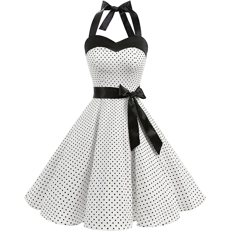 Sukienka w grochy z dekoltem halter w stylu retro pin-up Biały
